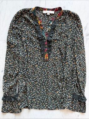 LOFT Black Ditsy Floral Ruffle Henley Top with Multicolor Accents